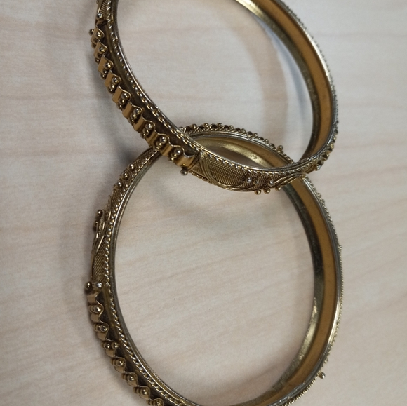 Two Vintage Gold Tone Mesh & Wired Classic-Look Bangles Wavy Patterned Sphere - Picture 11 of 12